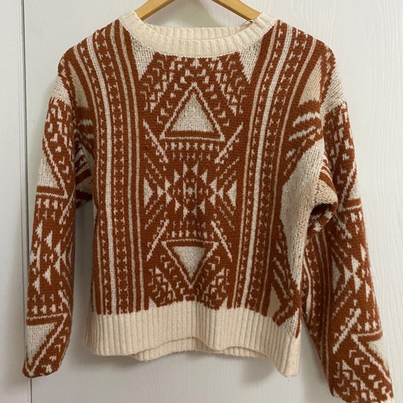 Small (S) Vintage 90s cropped sweater, fall geometric pattern. - Picture 1 of 6